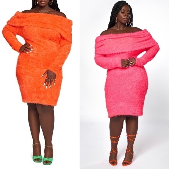 NWT ZELIE FOR SHE Sweater Dress Off Shoulder Fuzzy Eyelash Knit Neon Bodycon 2X - Picture 5 of 8